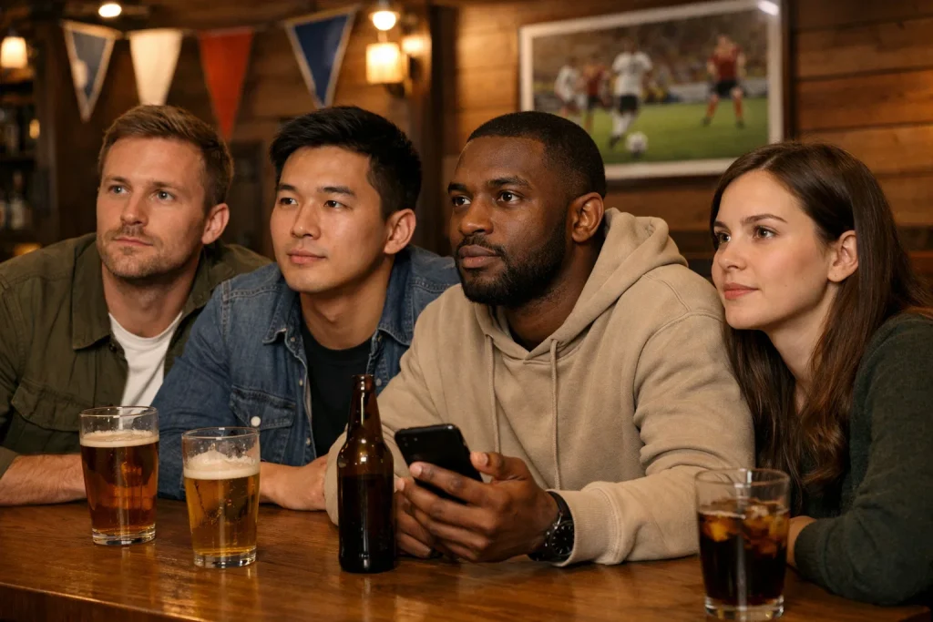 Grupo de aficionados viendo un partido de fútbol en un bar deportivo
