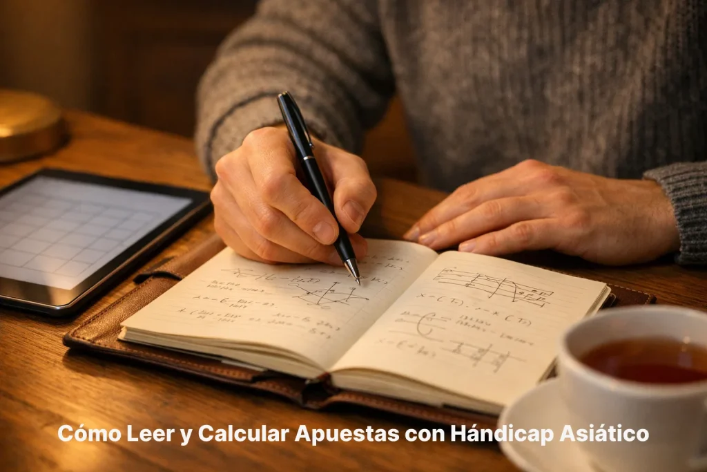 Manos de persona tomando notas junto a documentos con cálculos de apuestas