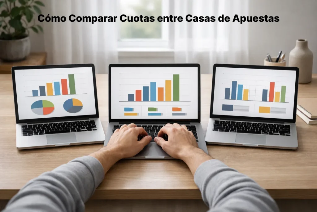 Persona comparando cuotas en múltiples pantallas de ordenador