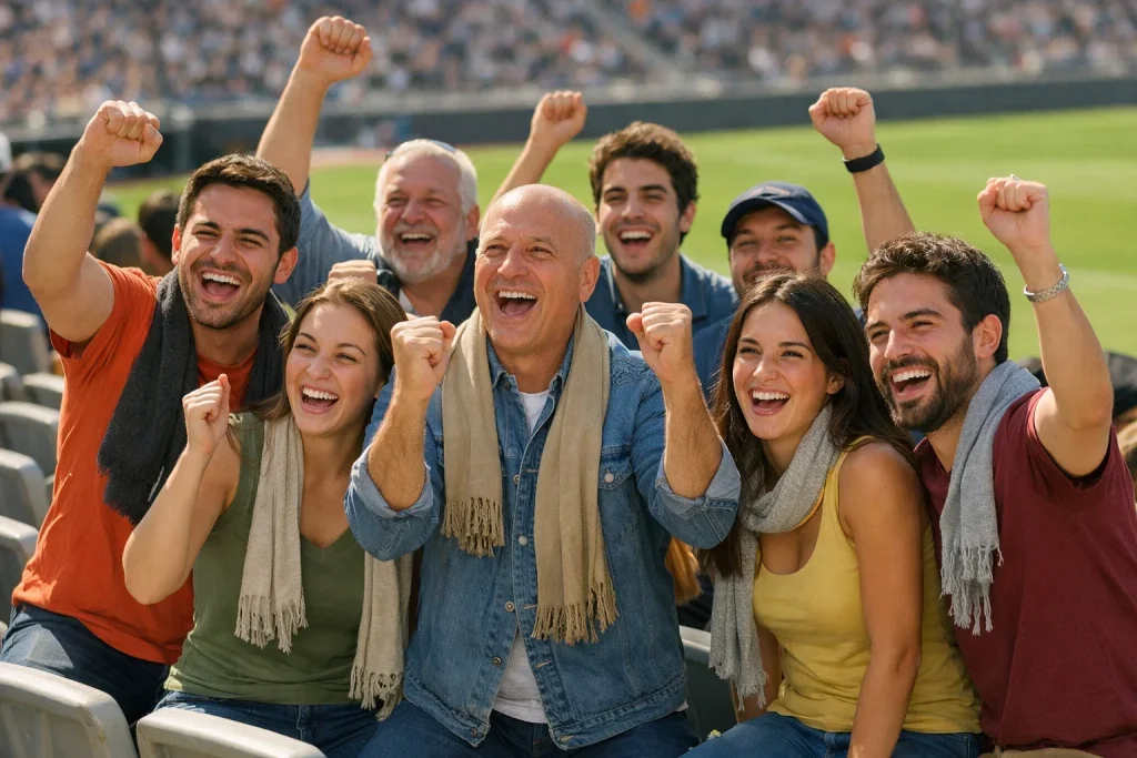 Aficionados animando en grada de estadio de fútbol español de día
