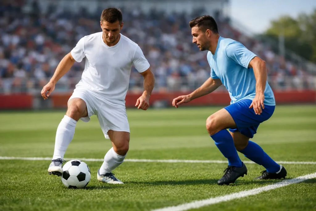 Jugadores de fútbol en acción durante partido técnico en césped español