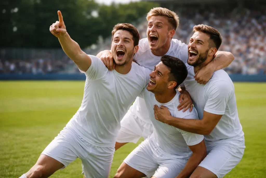 Celebración de gol con jugadores de fútbol abrazándose en el campo