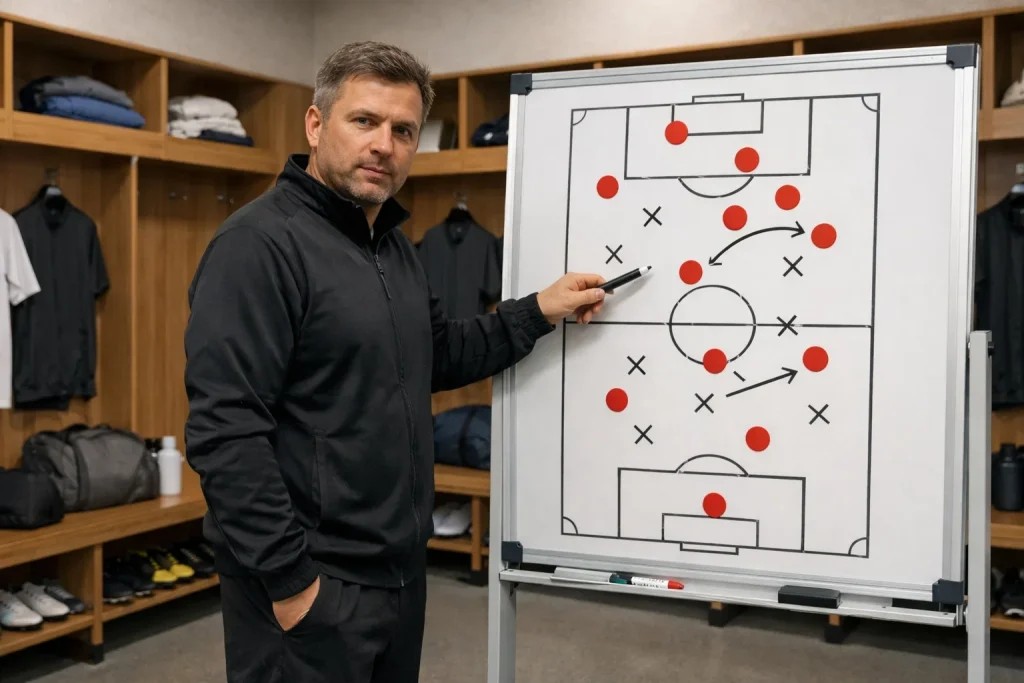 Entrenador de fútbol analizando táctica en pizarra del vestuario