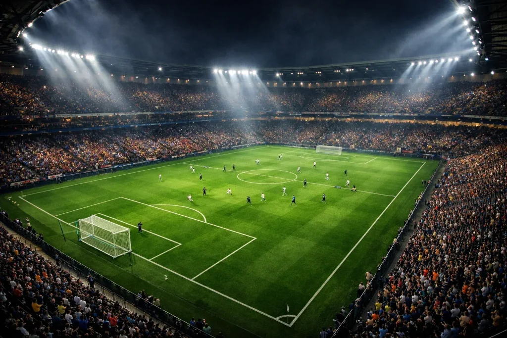 Vista aérea de campo de fútbol profesional durante partido nocturno