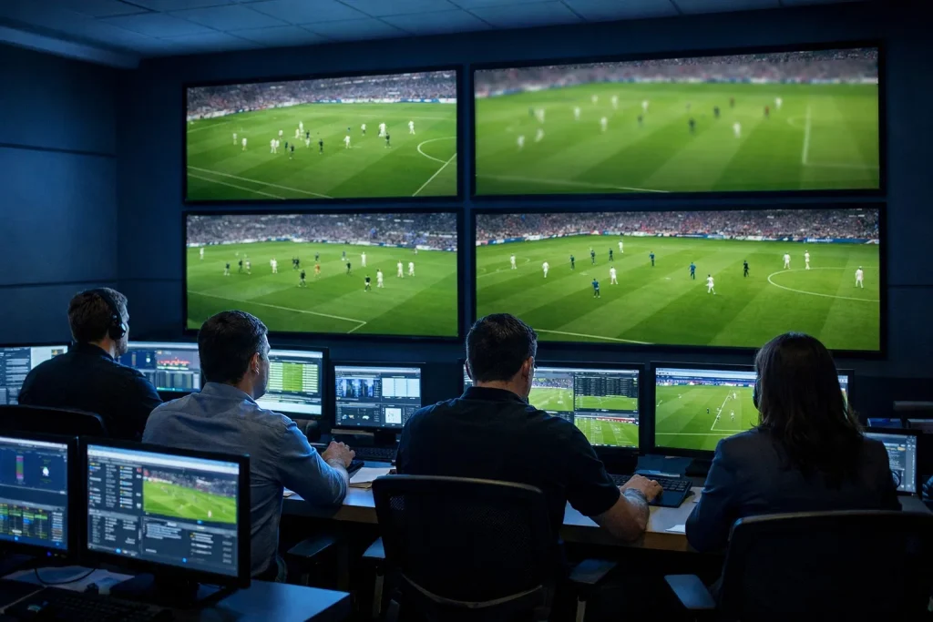 Sala de análisis deportivo con pantallas mostrando partidos de fútbol
