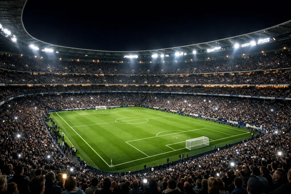 Vista nocturna de estadio de élite española con iluminación profesional