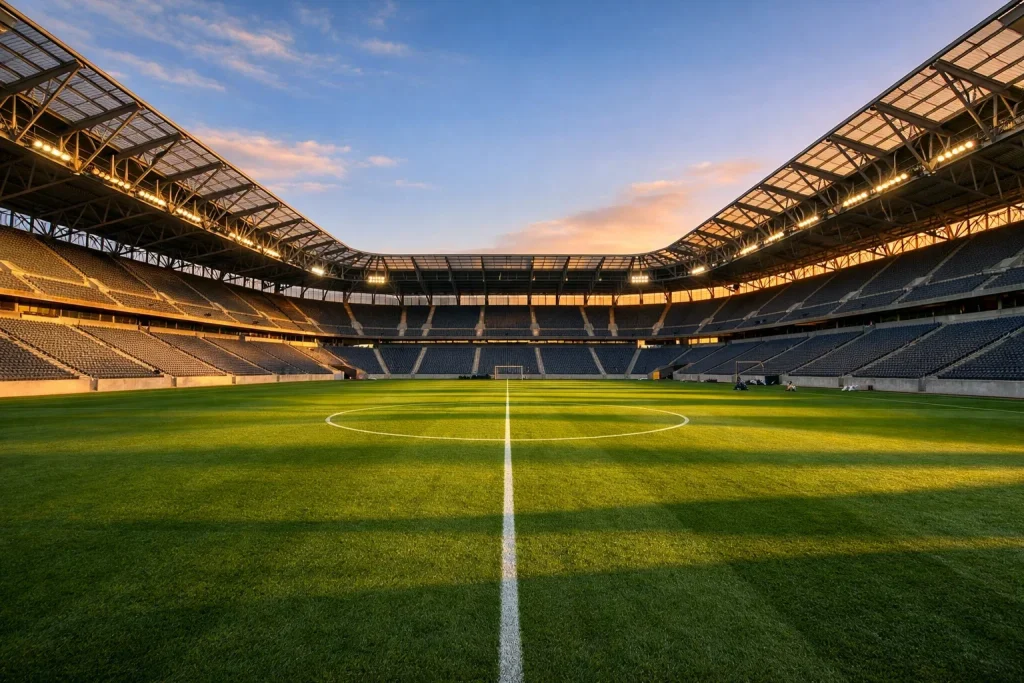 Panorámica de estadio español moderno con césped perfectamente cuidado