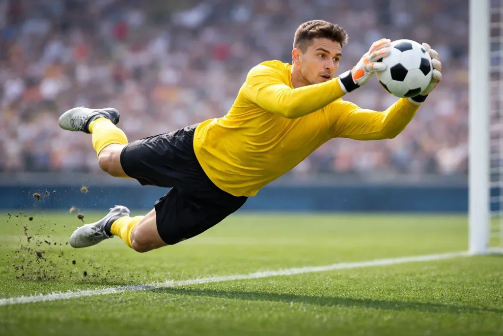 Portero de fútbol atrapando balón durante partido en estadio lleno