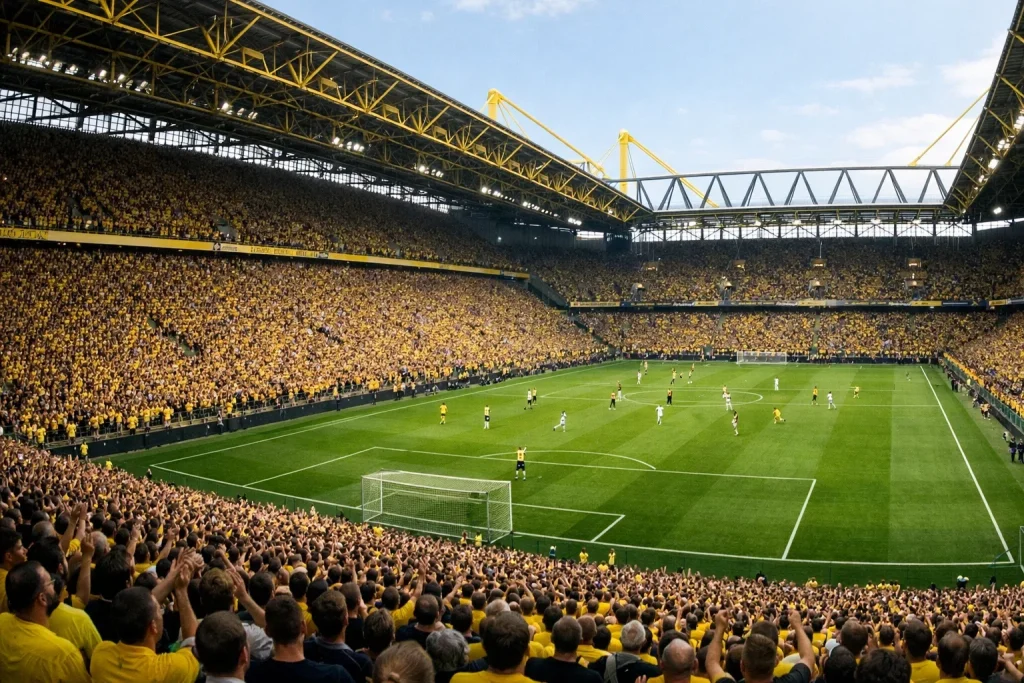Vista panorámica de estadio de fútbol alemán durante partido de Bundesliga