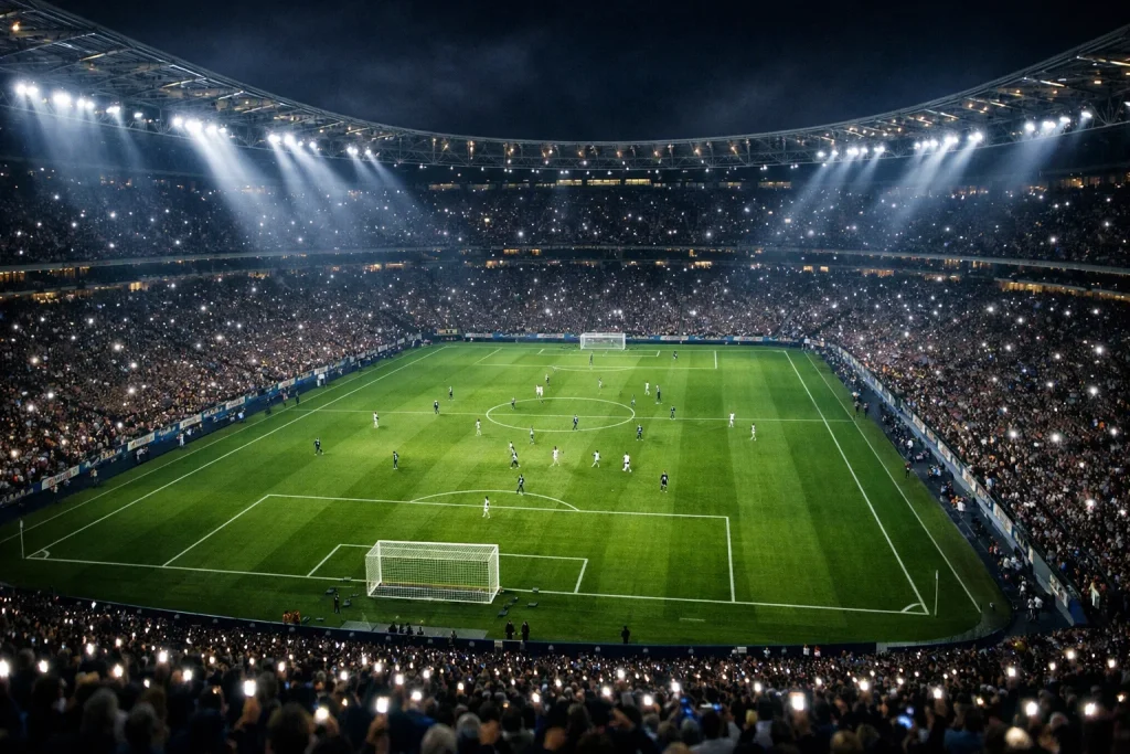 Vista panorámica de estadio europeo de fútbol durante partido nocturno
