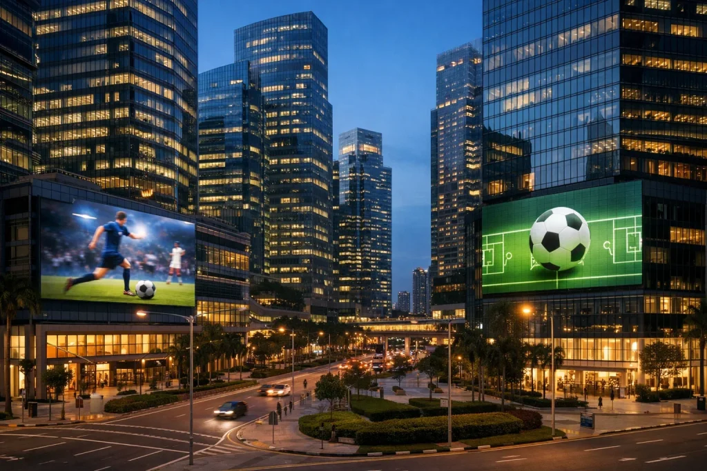 Centro financiero asiático con pantallas de datos deportivos
