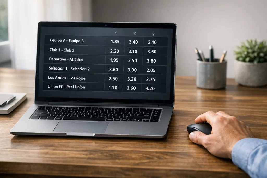 Pantalla mostrando diferentes mercados y cuotas de apuestas deportivas