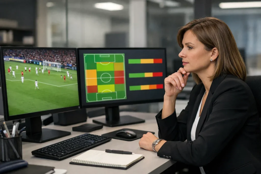 Analista deportivo estudiando datos de probabilidades en oficina moderna