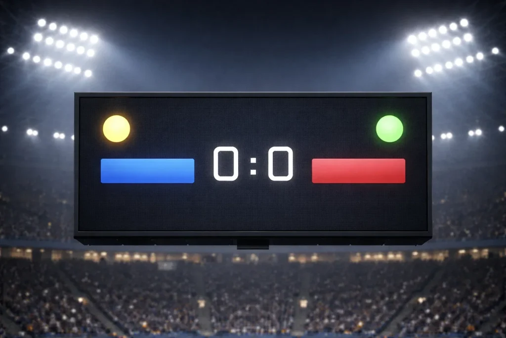 Marcador electrónico de estadio mostrando resultado de partido de fútbol