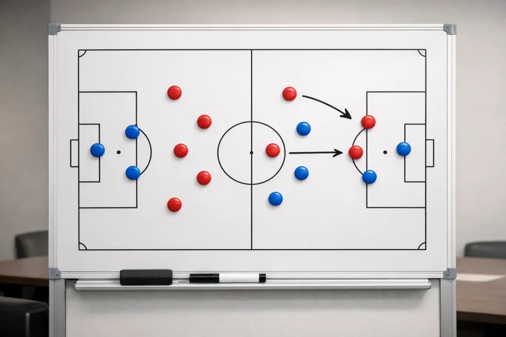 Pizarra con ejemplos de líneas de hándicap y marcadores de fútbol