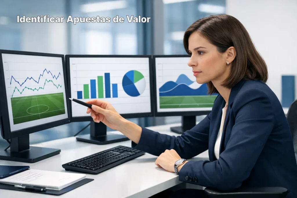 Analista comparando datos deportivos en múltiples monitores de oficina